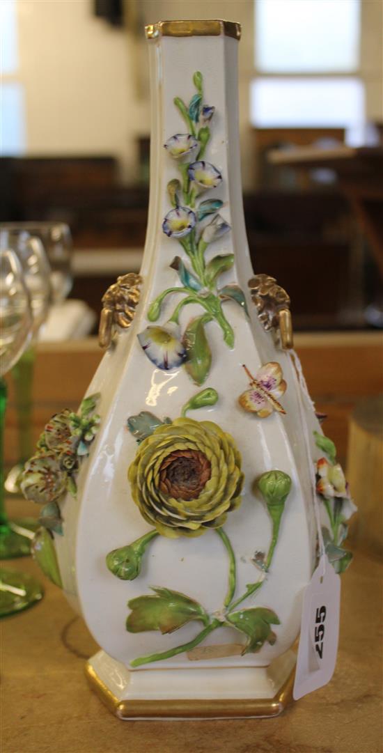 A Coalport Coalbrookdale flower encrusted hexagonal bottle vase, c.1840, 27.5cm